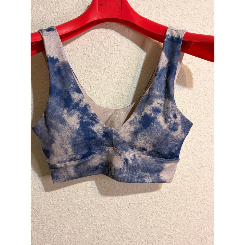 Harmony & Balance Womens Blue Tie Dye V-Neck Sports Bra M